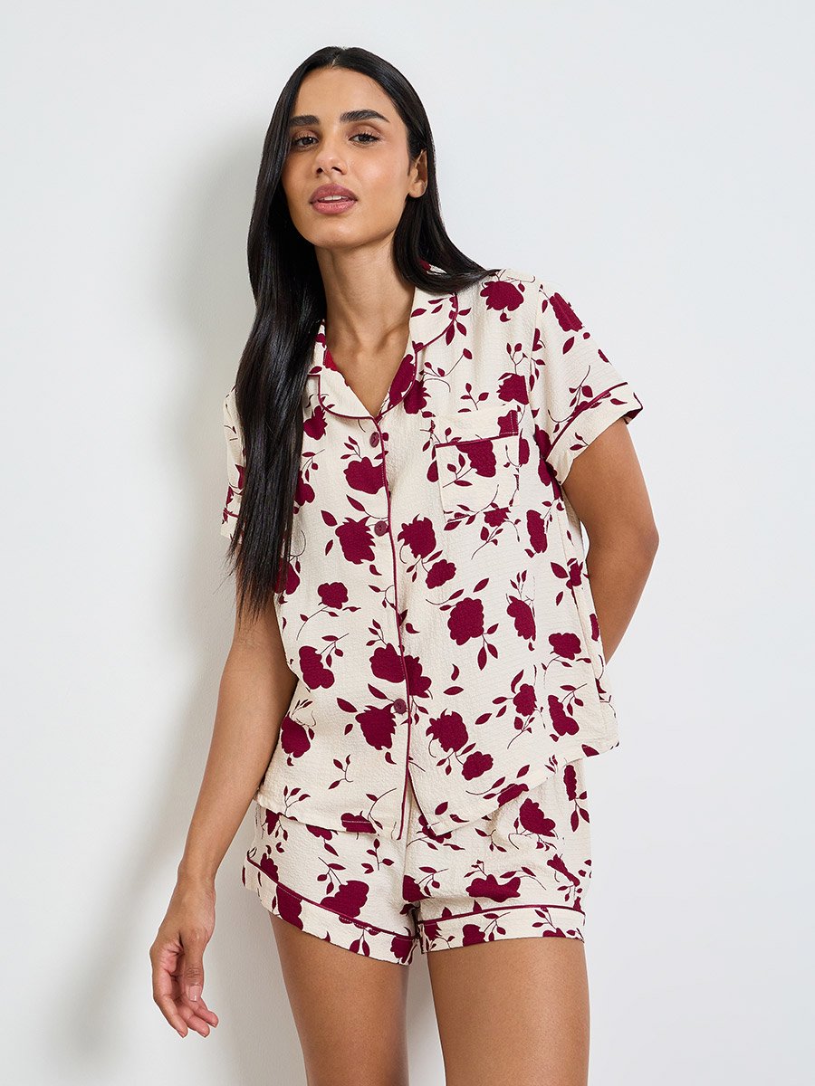 Off White Floral Print Buttoned Shirt and Shorts Set