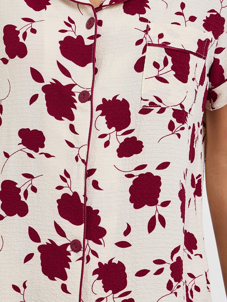 Off White Floral Print Buttoned Shirt and Shorts Set