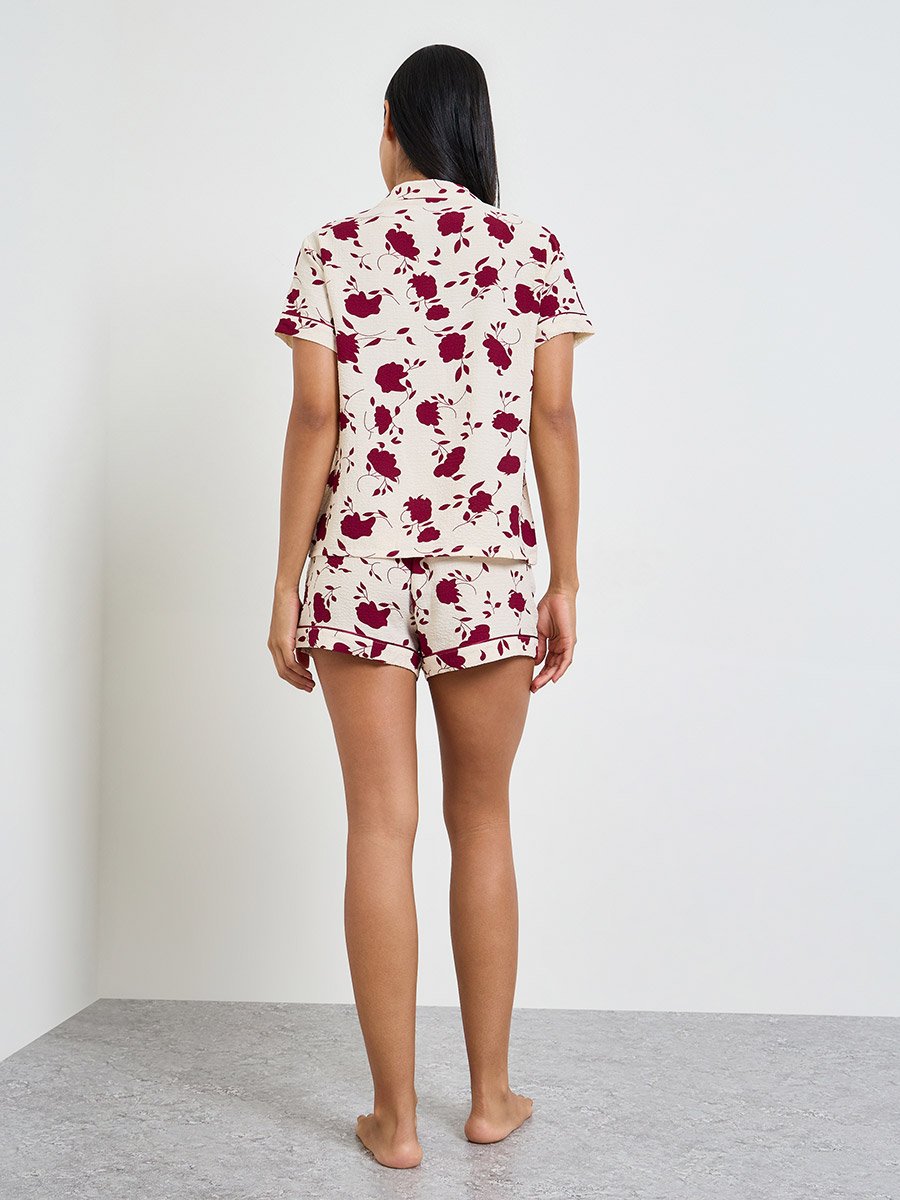Off White Floral Print Buttoned Shirt and Shorts Set