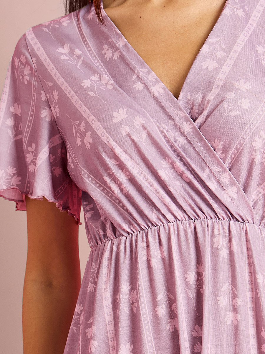 Pink Linear Dot and Floral Print Wrap-Over Nightdress