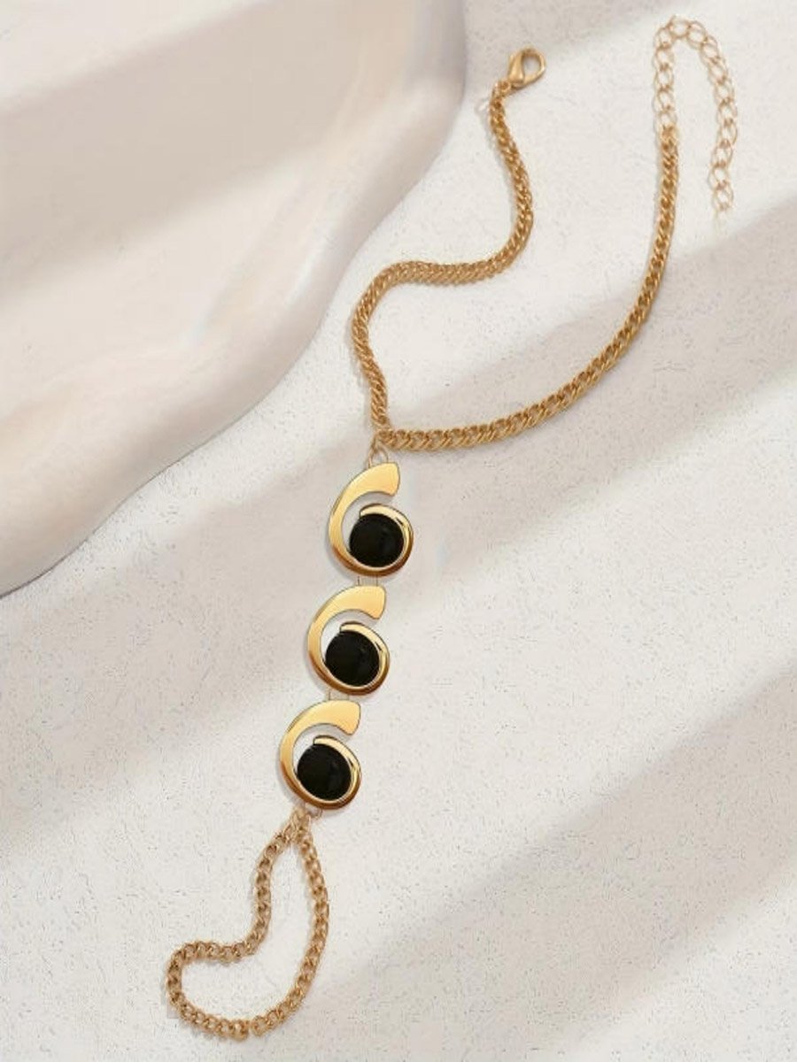 Gold Hand Chain Bracelet with Black Accents