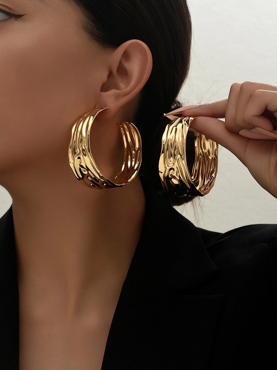 Gold Metal Hammered Large Hoop Earrings