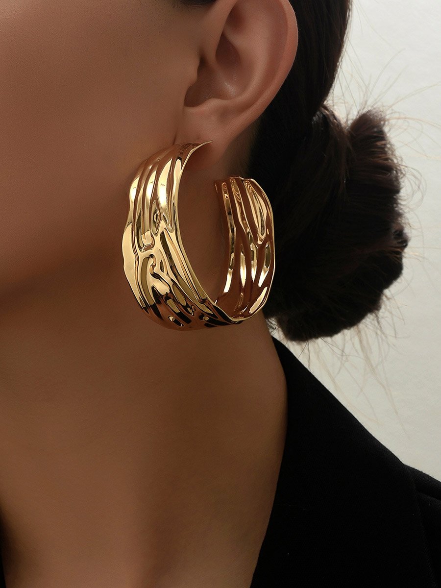 Gold Metal Hammered Large Hoop Earrings