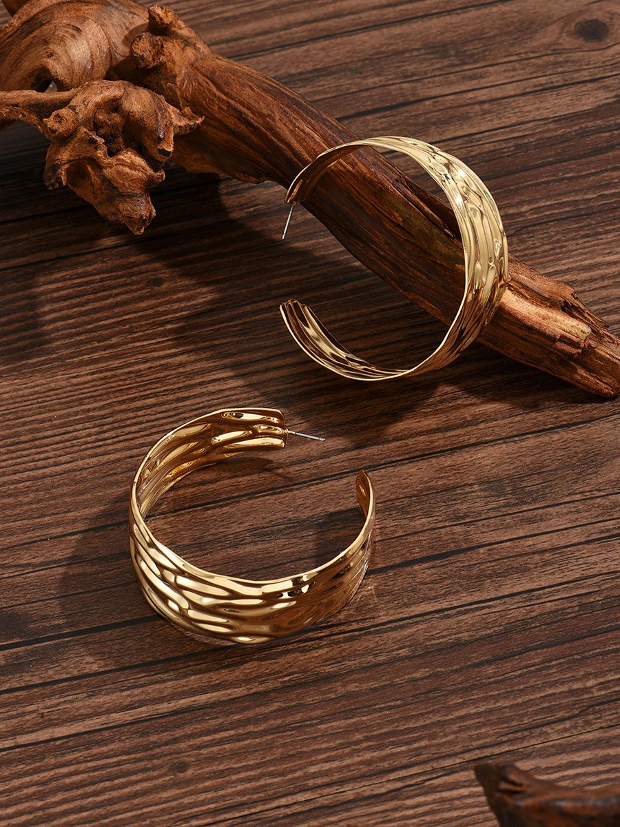 Gold Metal Hammered Large Hoop Earrings