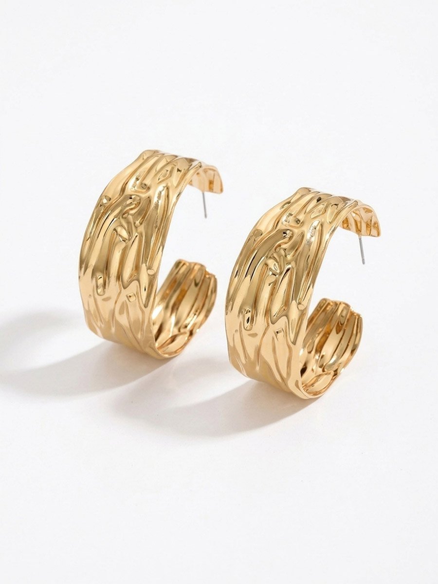 Gold Metal Hammered Large Hoop Earrings