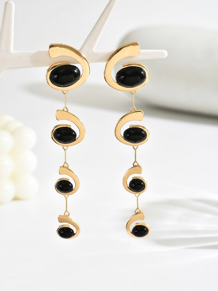 Geometric Snail-Inlaid Oval Dangle Earrings