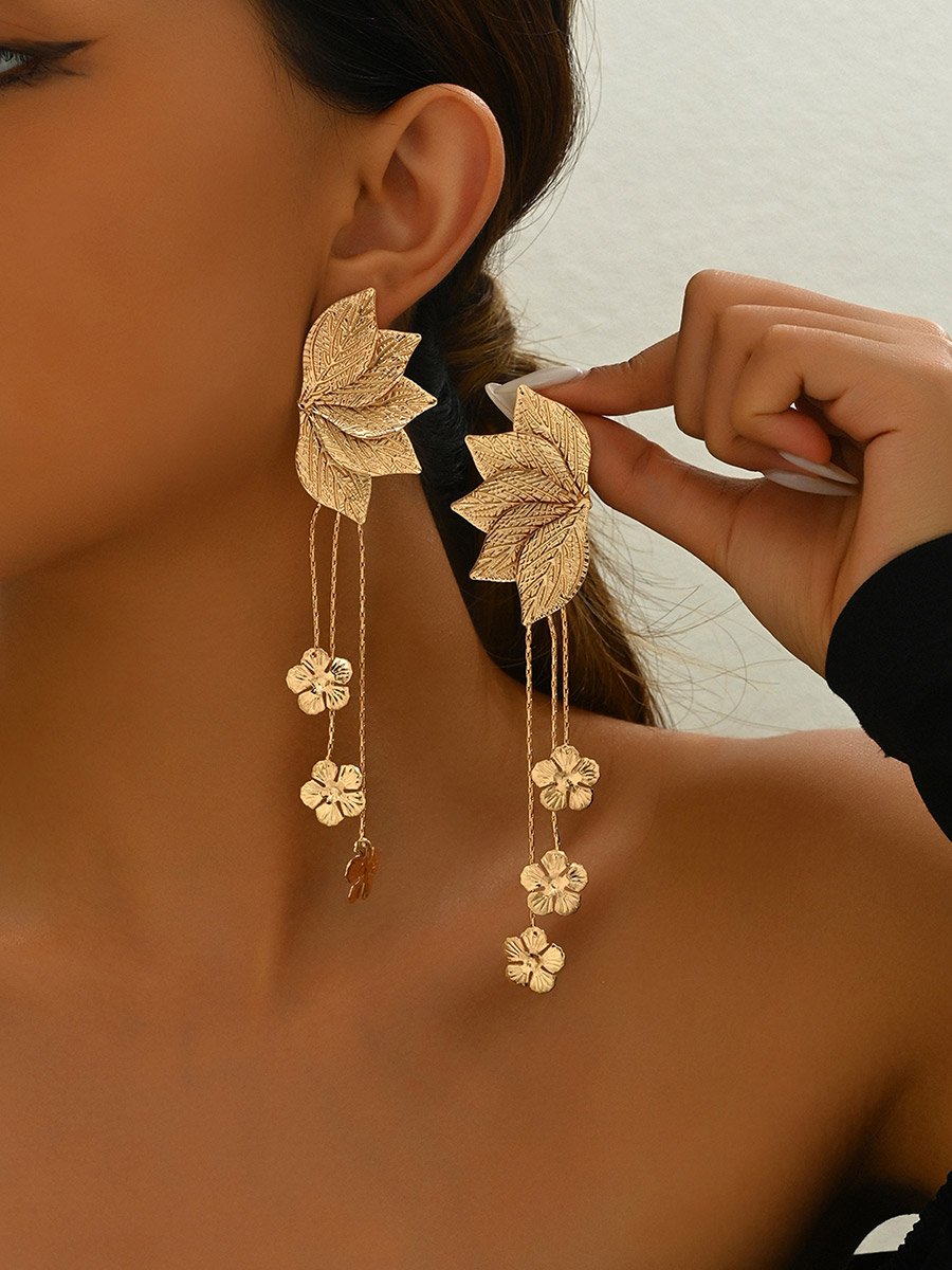 Leaf and Flower Tassel Earrings