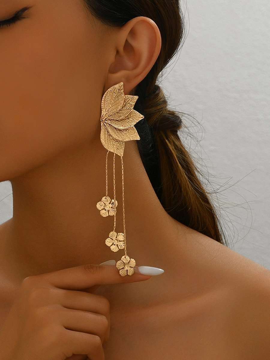Leaf and Flower Tassel Earrings