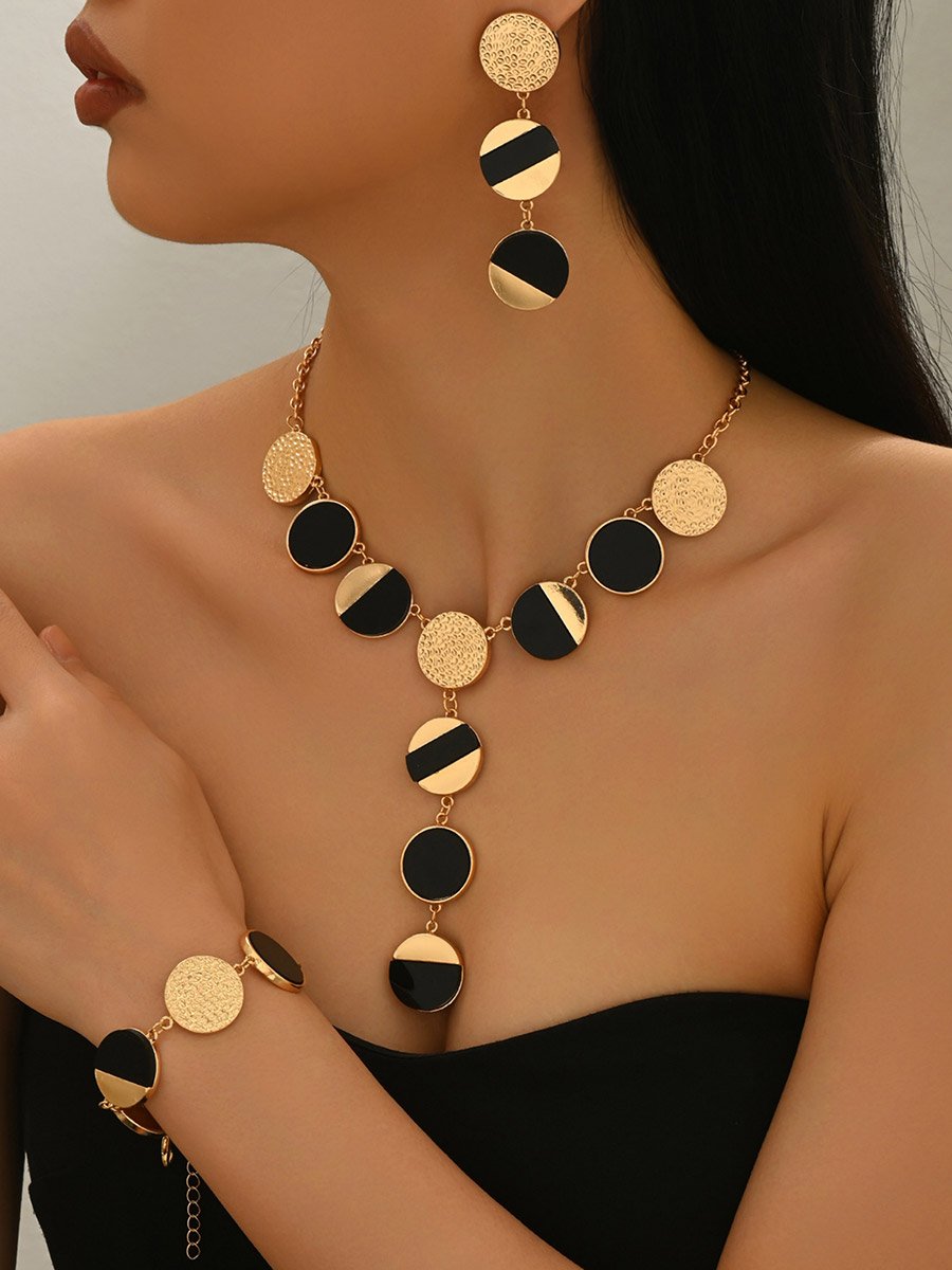 Gold Tone Geometric Disc Necklace with Earrings Set