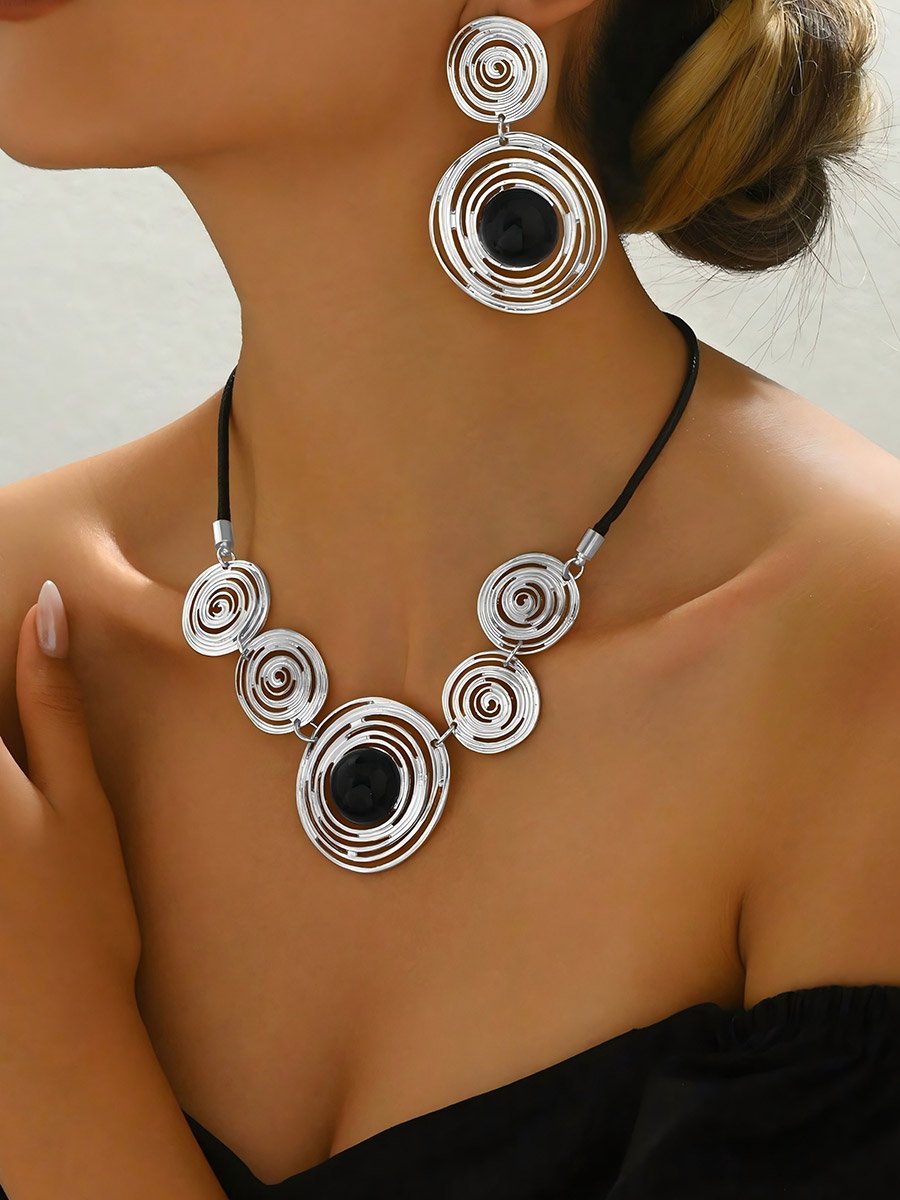 Geometric Circle Statement Necklace with Earrings Set