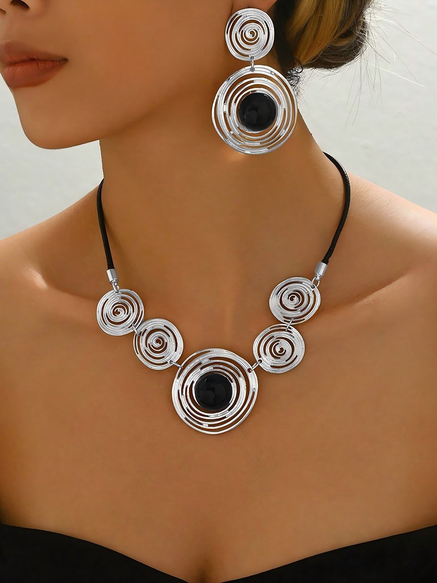 Geometric Circle Statement Necklace with Earrings Set