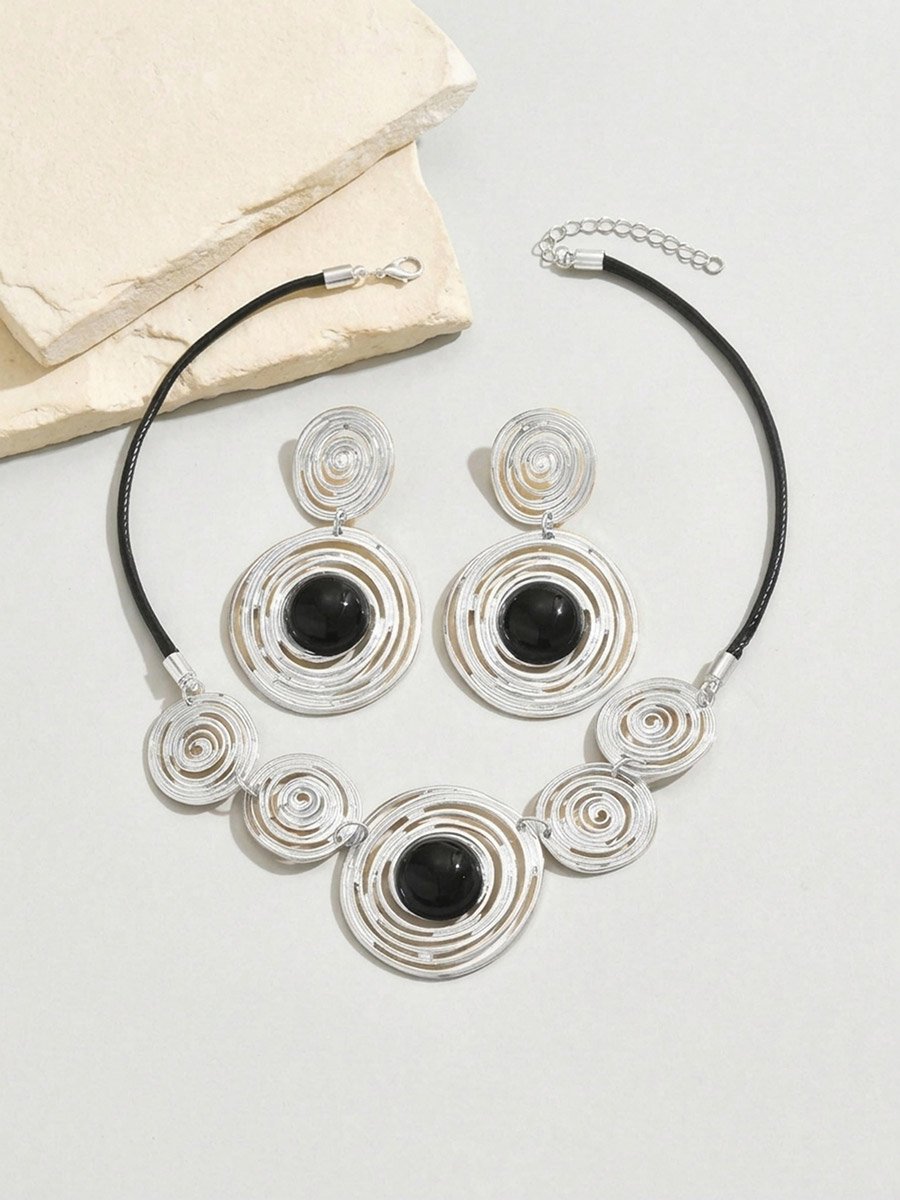 Geometric Circle Statement Necklace with Earrings Set