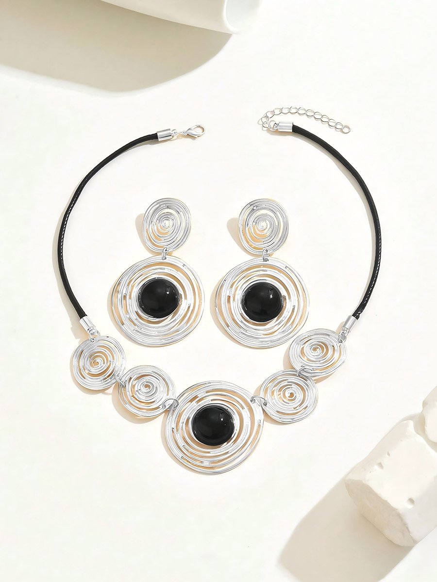 Geometric Circle Statement Necklace with Earrings Set