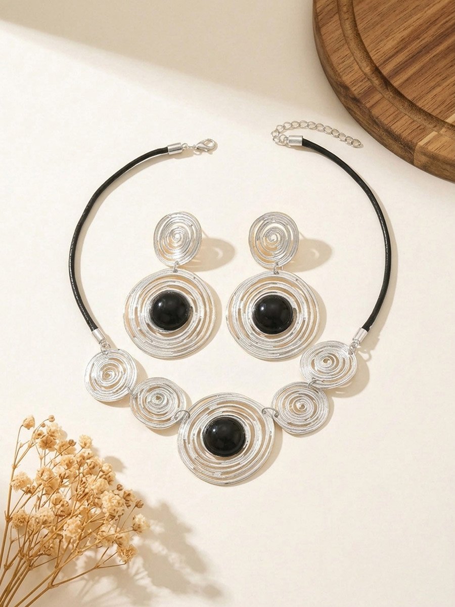 Geometric Circle Statement Necklace with Earrings Set