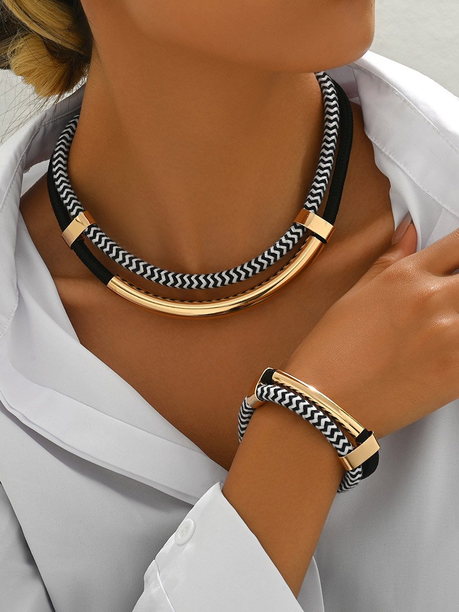 Black and White Thick Double Line Metal Necklace and Bracelet Set