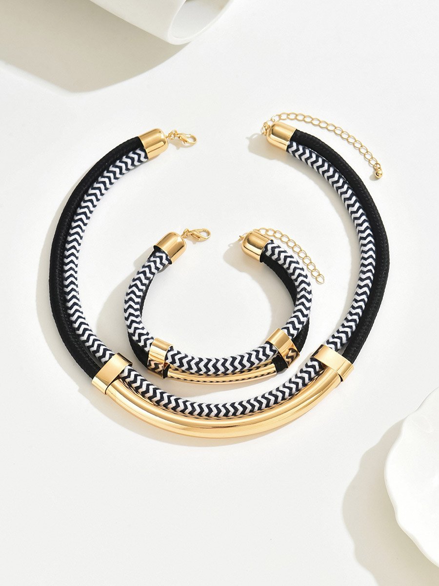 Black and White Thick Double Line Metal Necklace and Bracelet Set