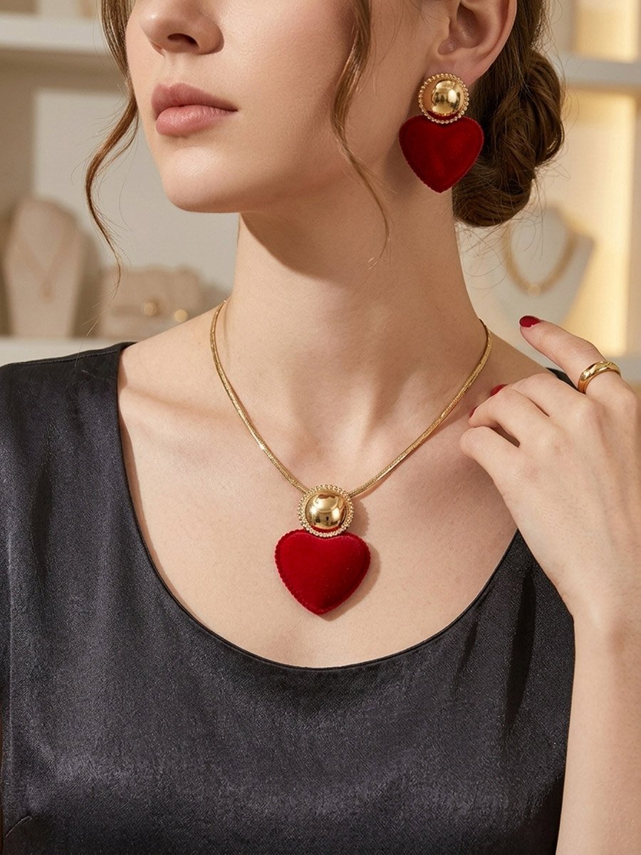 Red Heart Pendant Necklace with Earrings Set