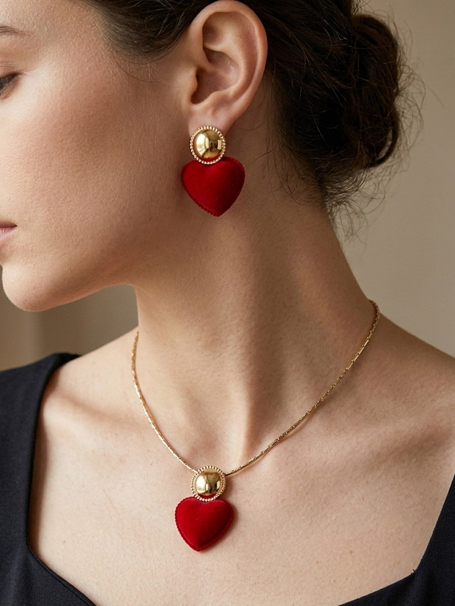 Red Heart Pendant Necklace with Earrings Set