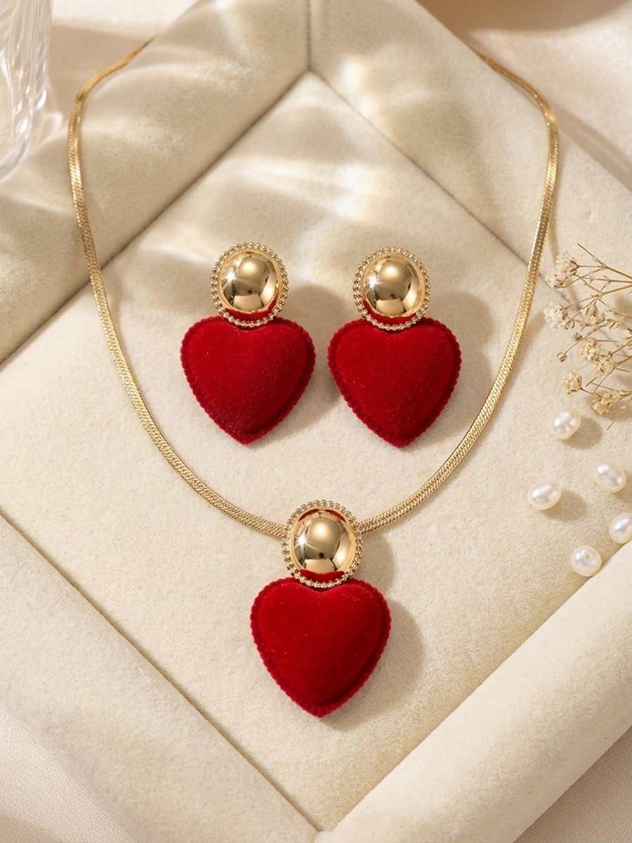 Red Heart Pendant Necklace with Earrings Set