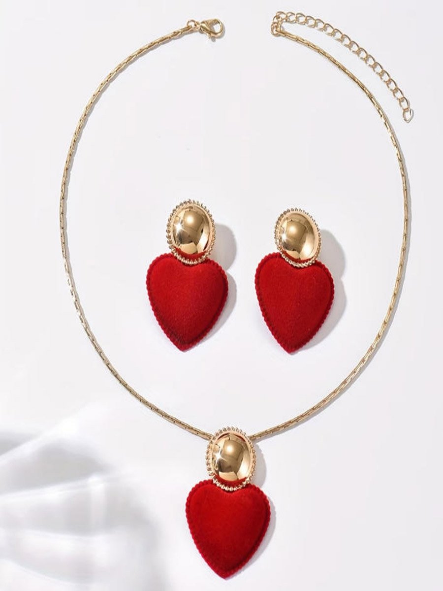 Red Heart Pendant Necklace with Earrings Set