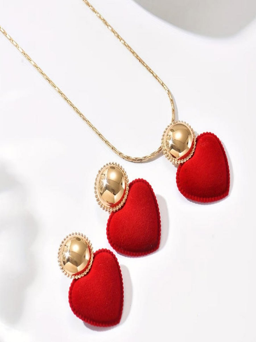 Red Heart Pendant Necklace with Earrings Set