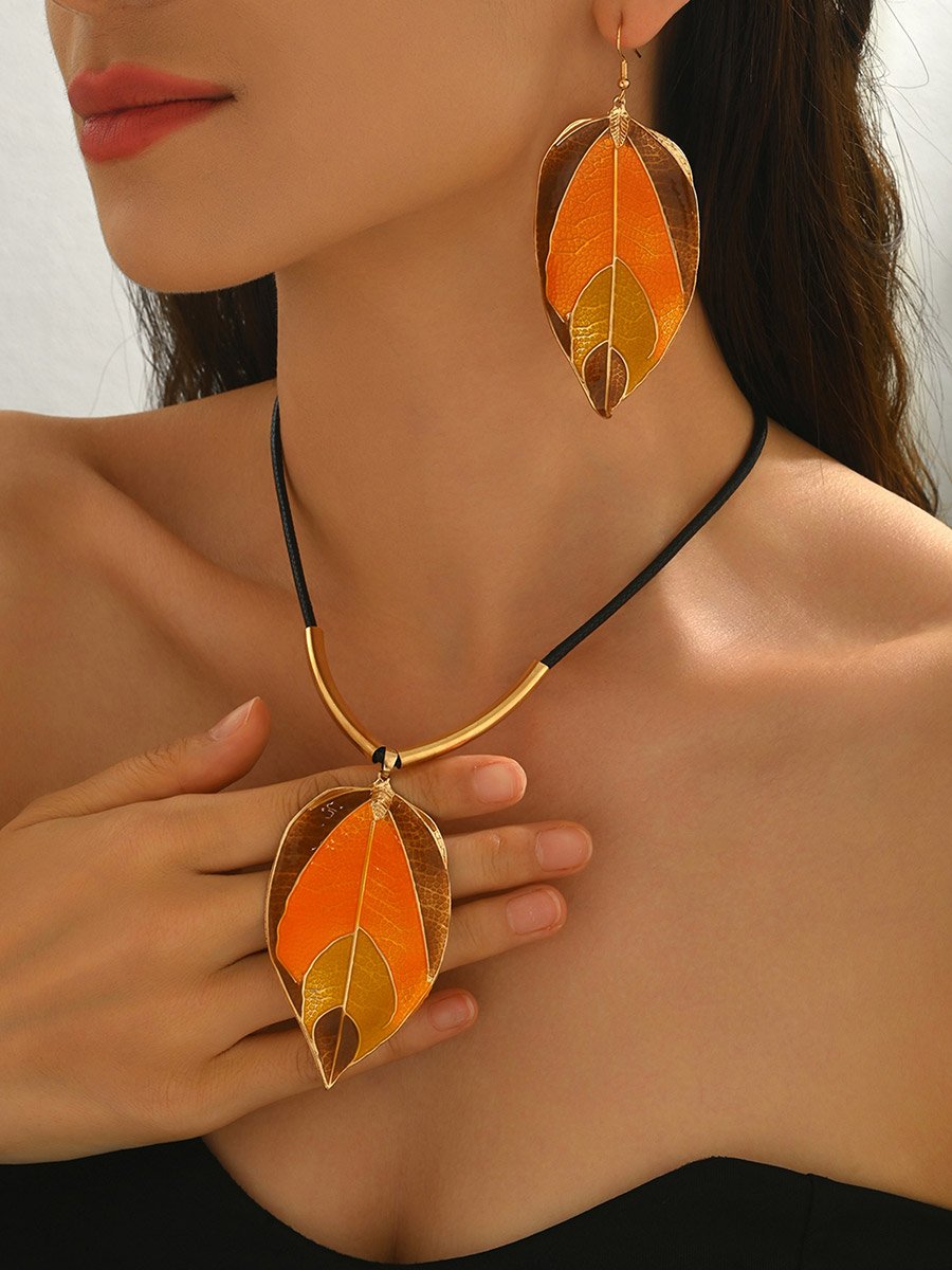 Asymmetrical Leaf Pendant Necklace and Earrings Set
