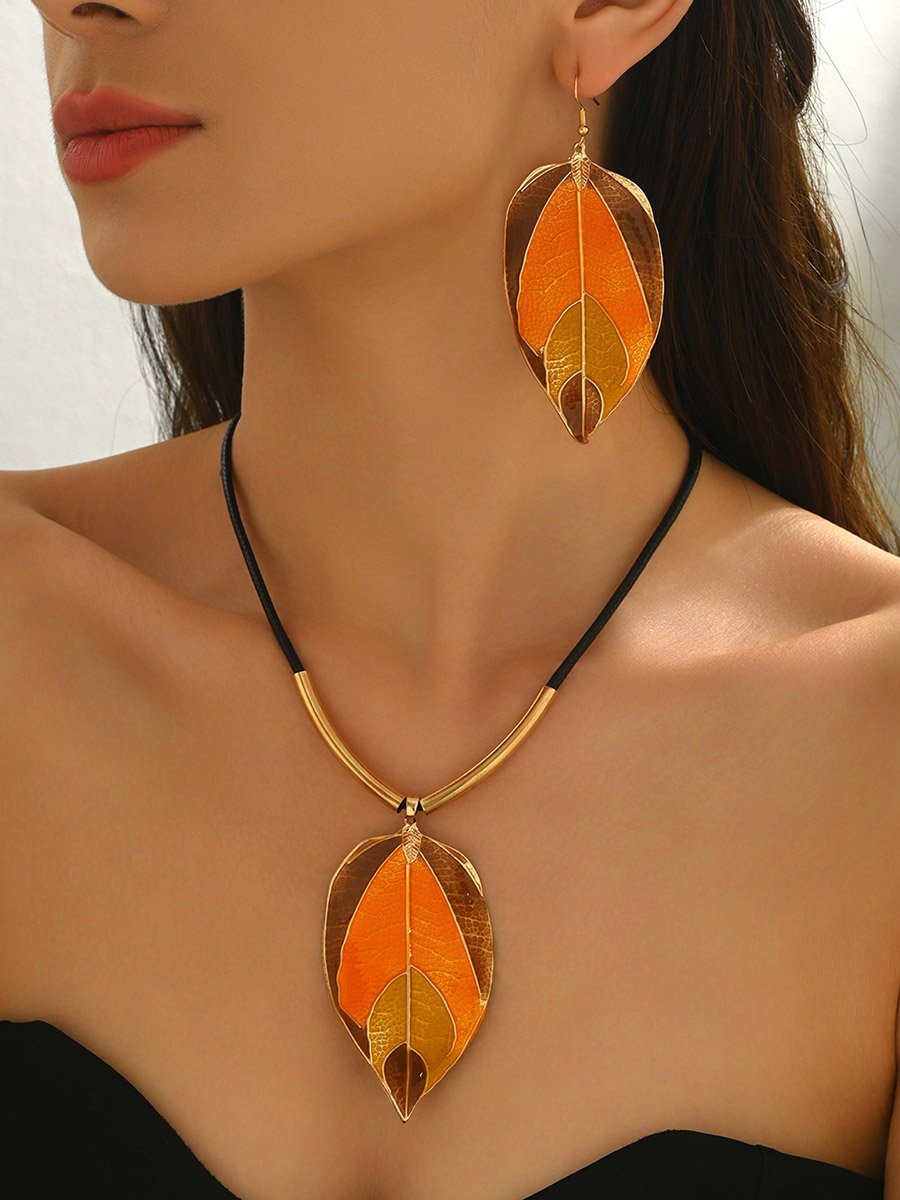 Asymmetrical Leaf Pendant Necklace and Earrings Set