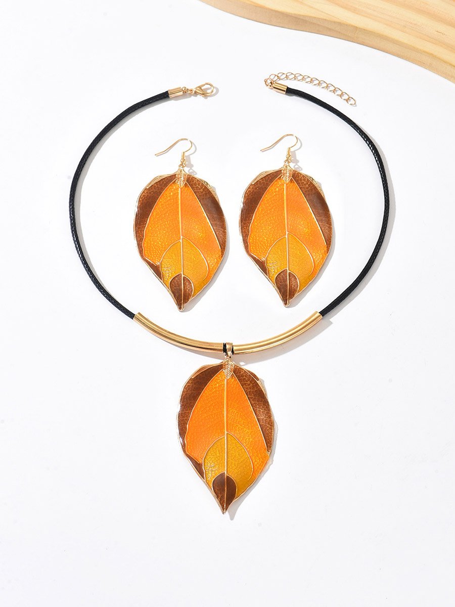 Asymmetrical Leaf Pendant Necklace and Earrings Set