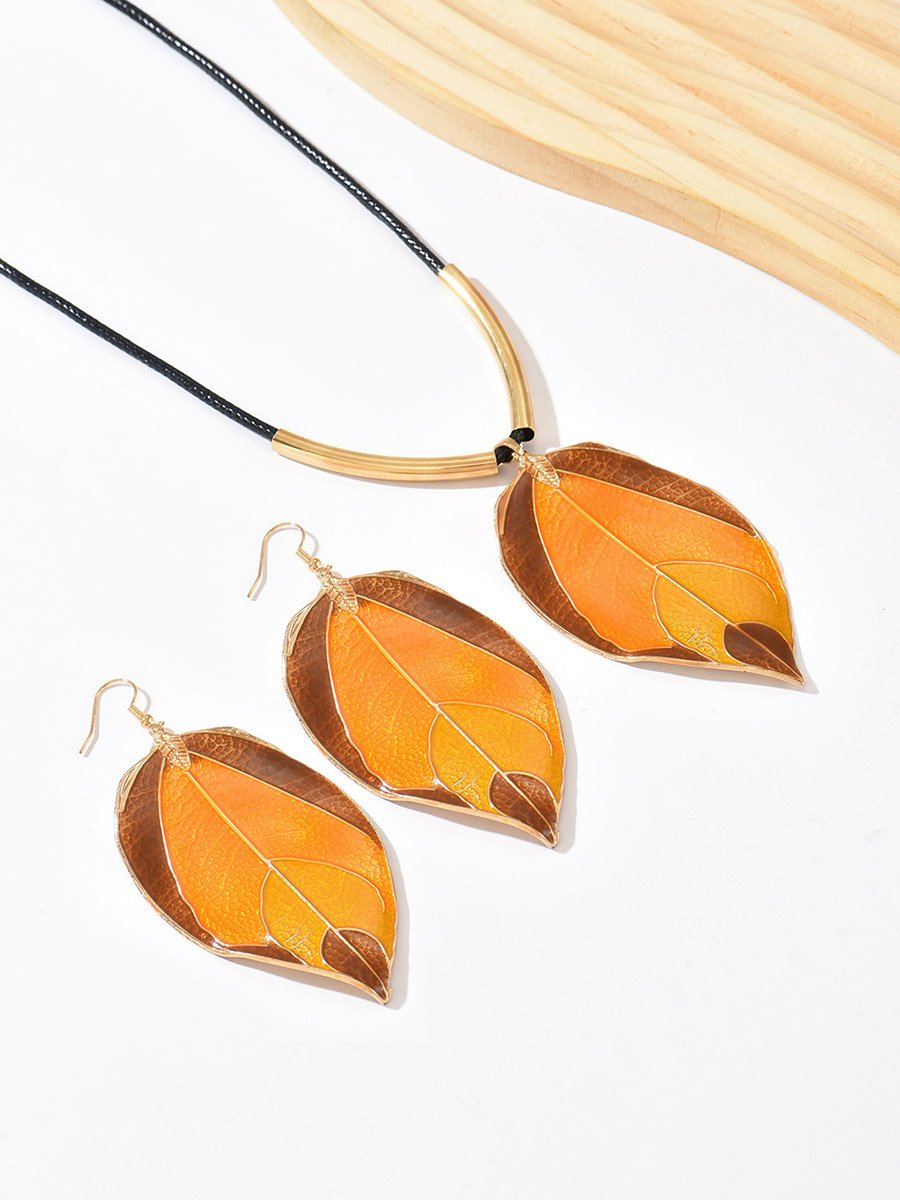 Asymmetrical Leaf Pendant Necklace and Earrings Set