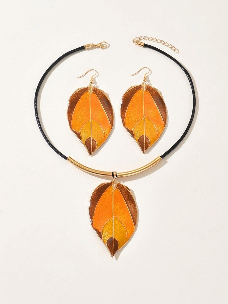 Asymmetrical Leaf Pendant Necklace and Earrings Set