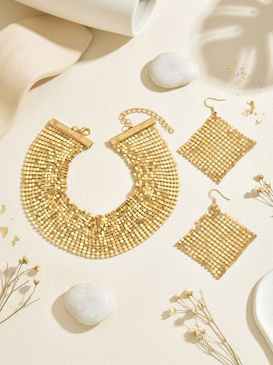Gold Mesh Choker and Earrings Set