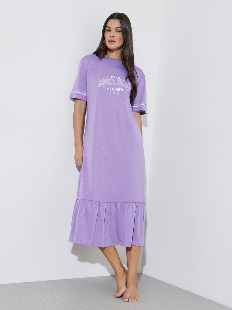 Lilac Slogan Sporty Stripe Sleeve Wide Ruffle Hem Sleep T-Shirt