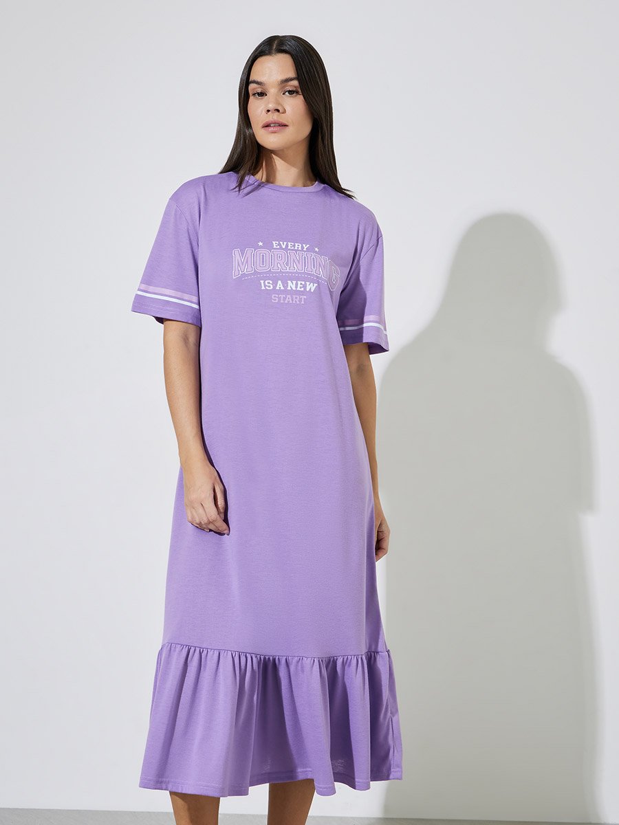 Lilac Slogan Sporty Stripe Sleeve Wide Ruffle Hem Sleep T-Shirt