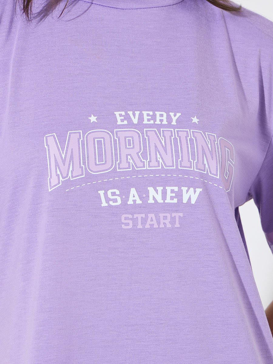 Lilac Slogan Sporty Stripe Sleeve Wide Ruffle Hem Sleep T-Shirt