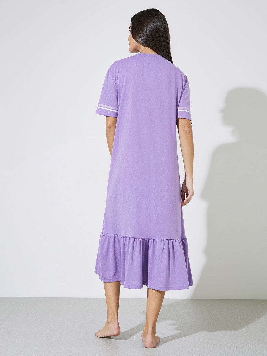 Lilac Slogan Sporty Stripe Sleeve Wide Ruffle Hem Sleep T-Shirt