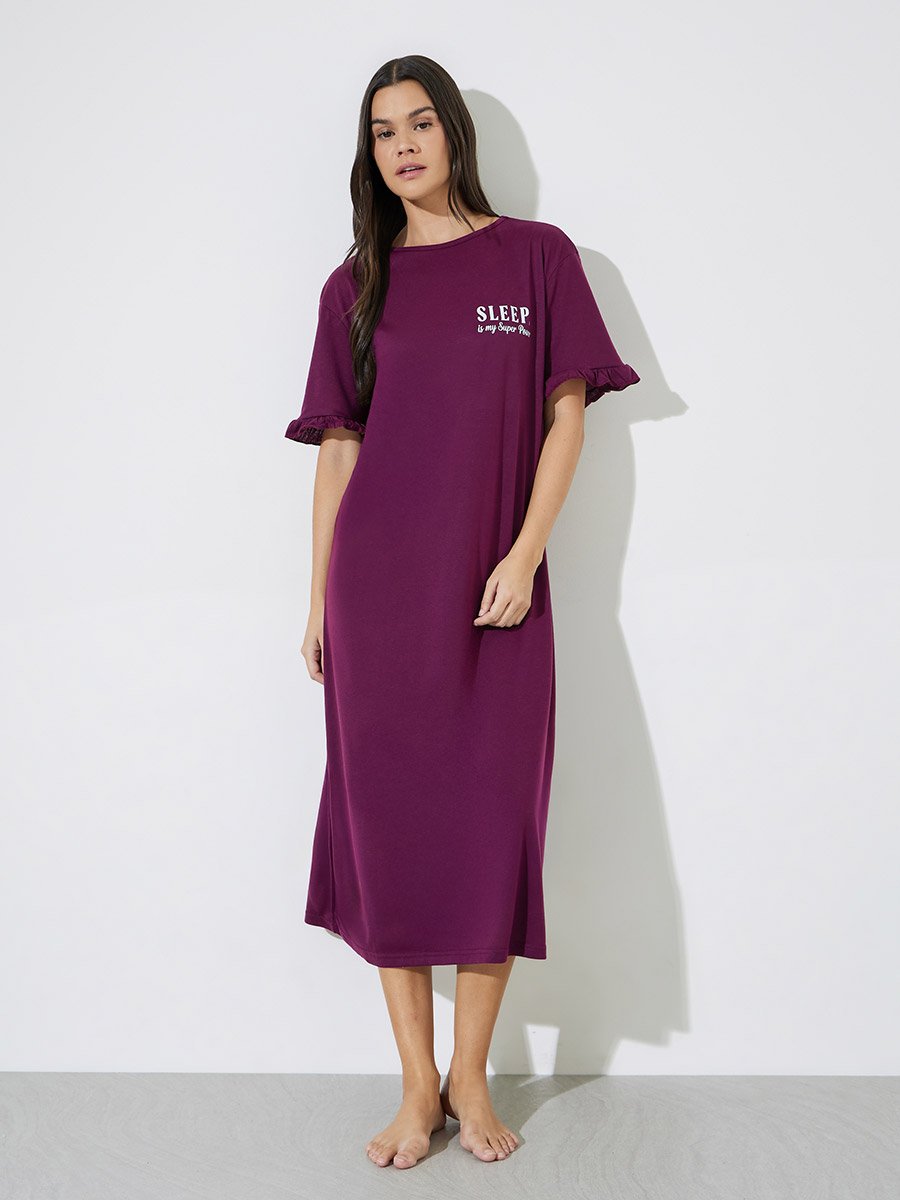 Burgundy Pocket Placement Slogan Ruffle Sleeve Sleep T-Shirt