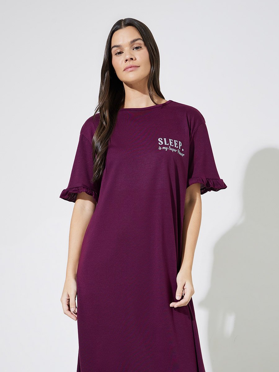 Burgundy Pocket Placement Slogan Ruffle Sleeve Sleep T-Shirt