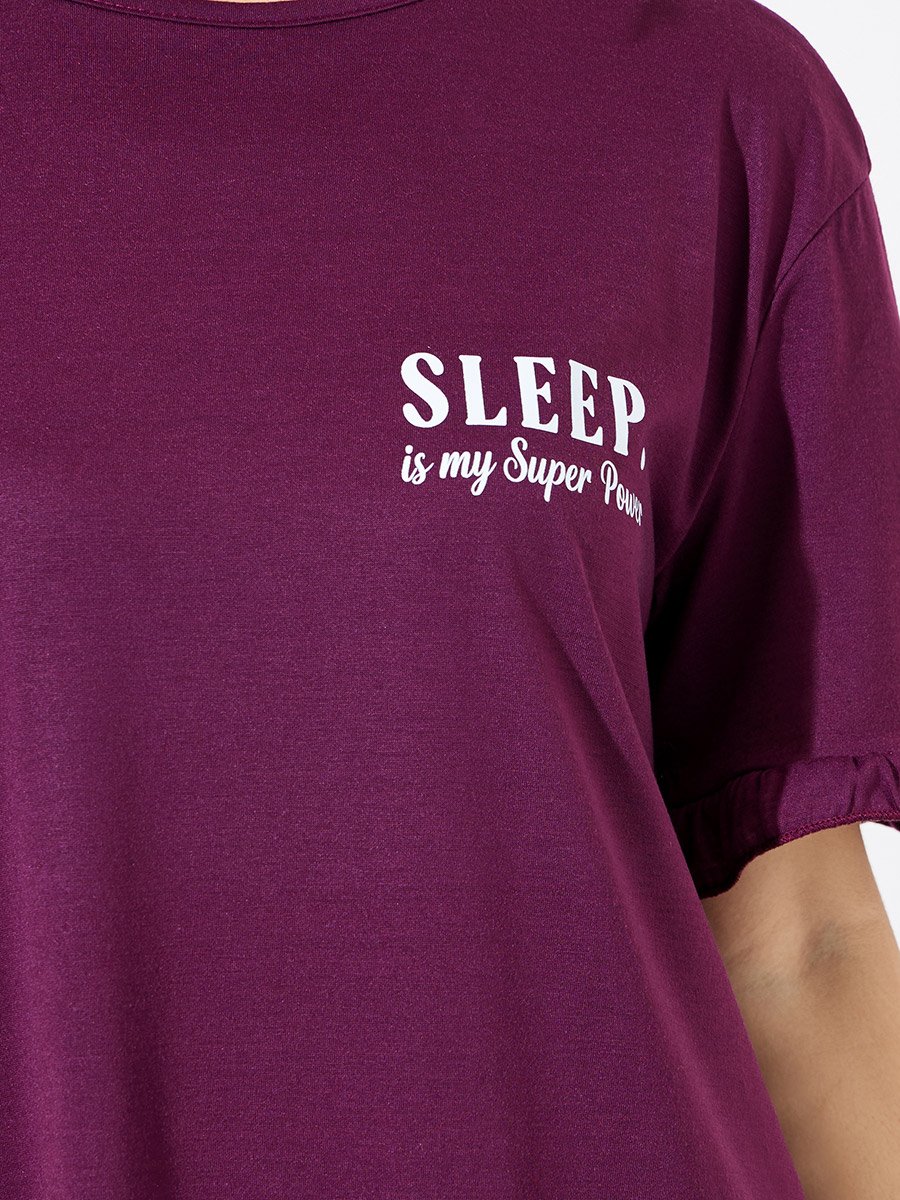Burgundy Pocket Placement Slogan Ruffle Sleeve Sleep T-Shirt