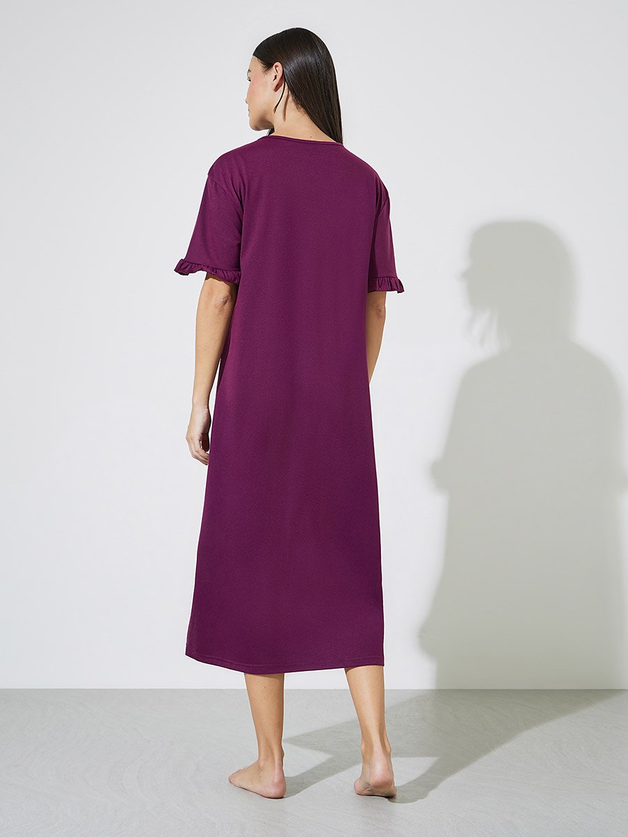 Burgundy Pocket Placement Slogan Ruffle Sleeve Sleep T-Shirt