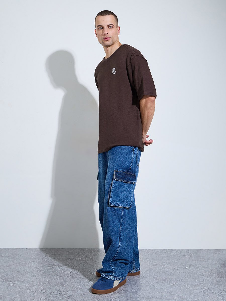 Men Brown Oversized Slogan Print T-Shirt