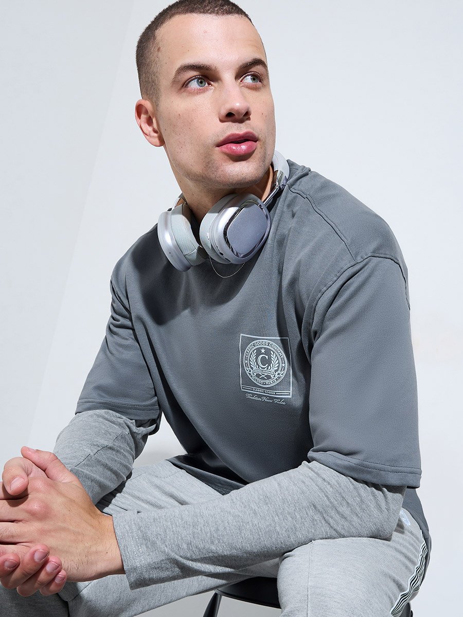 Men Grey Graphic Print Oversized T-Shirt