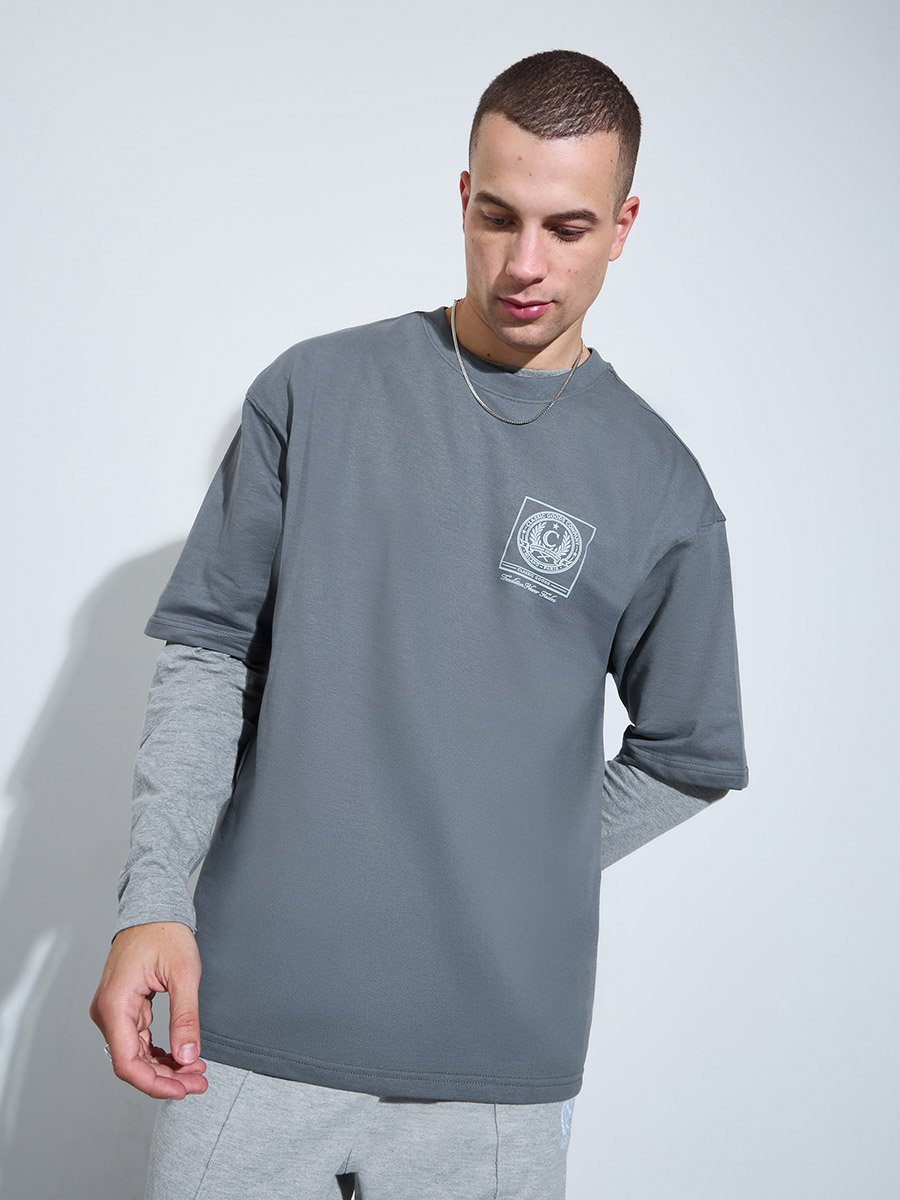 Men Grey Graphic Print Oversized T-Shirt