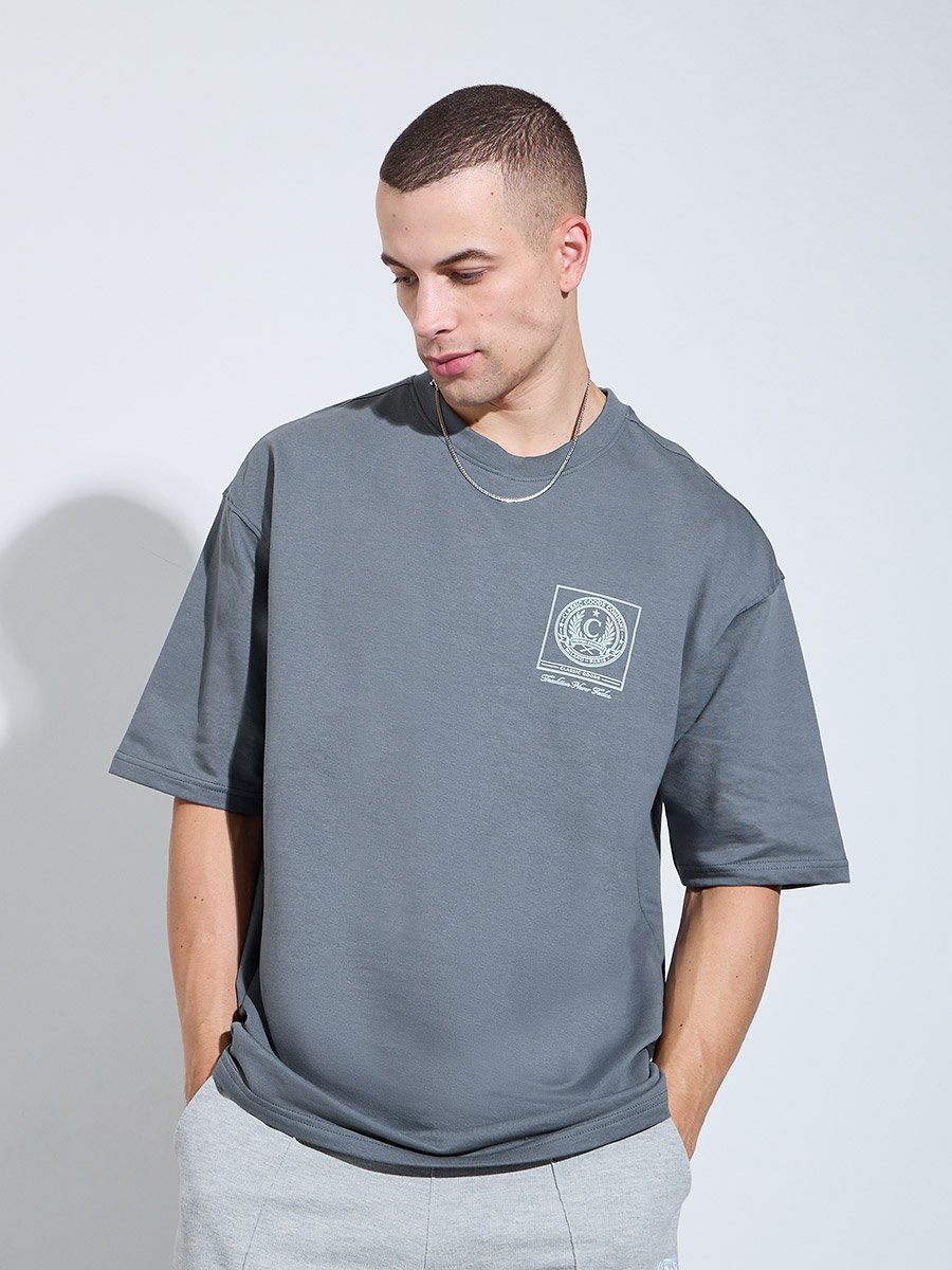 Men Grey Graphic Print Oversized T-Shirt