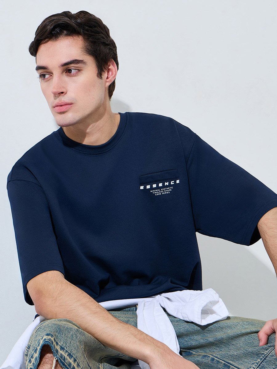 Navy Blue Graphic Print Oversized T-Shirt