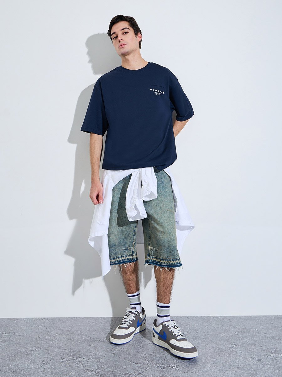 Navy Blue Graphic Print Oversized T-Shirt