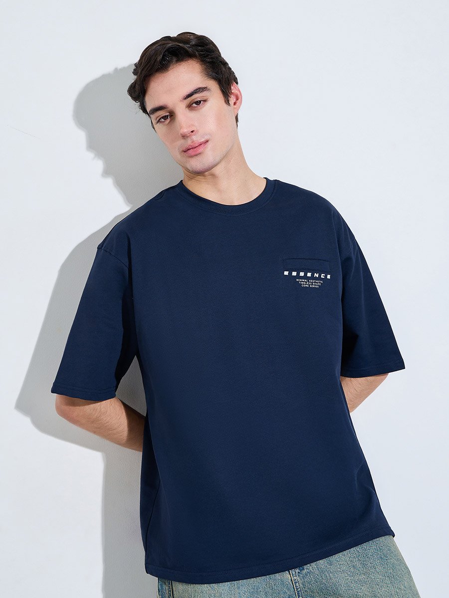 Navy Blue Graphic Print Oversized T-Shirt
