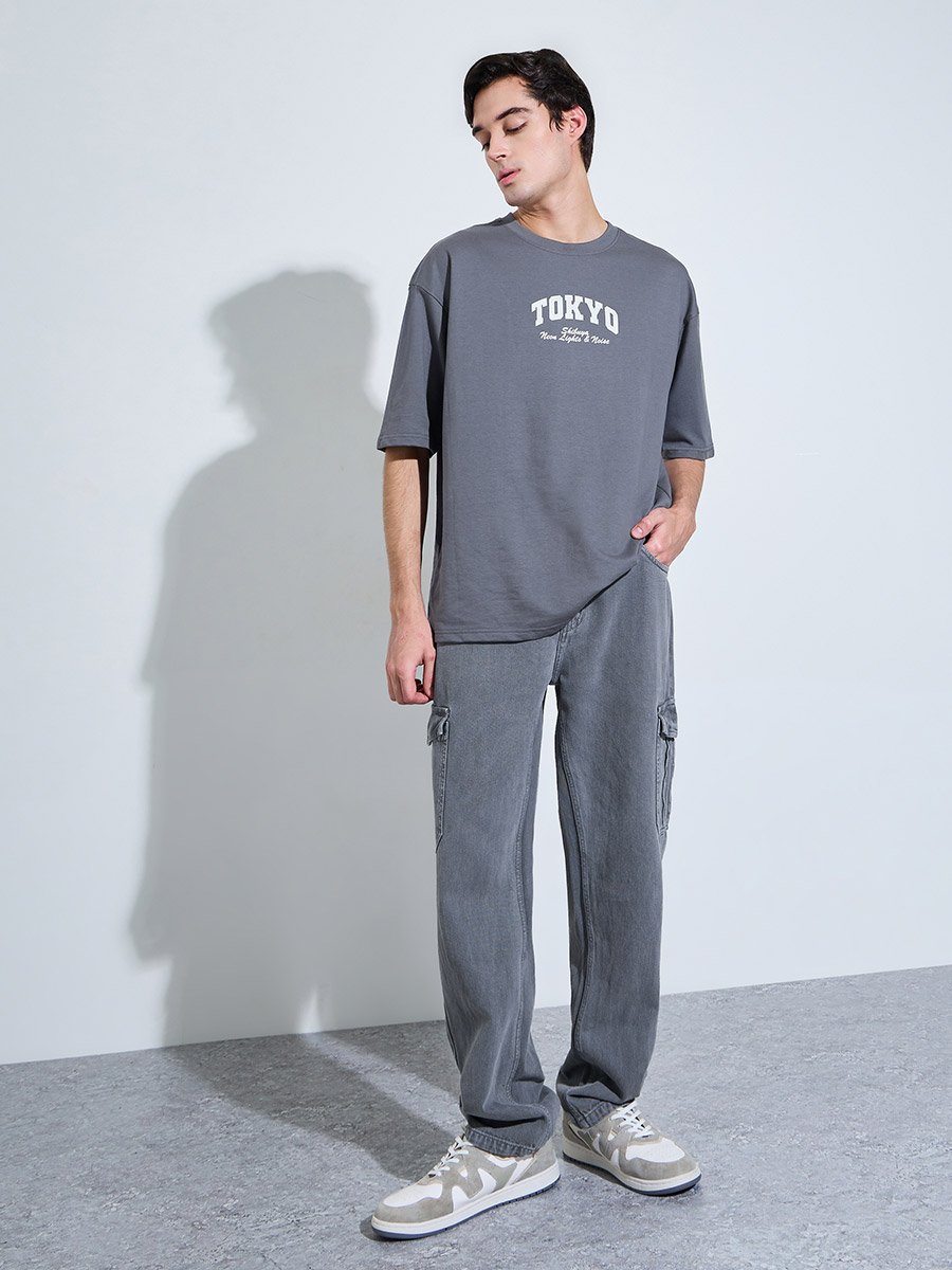 Grey Graphic Print Crew Neck Oversized T-Shirt