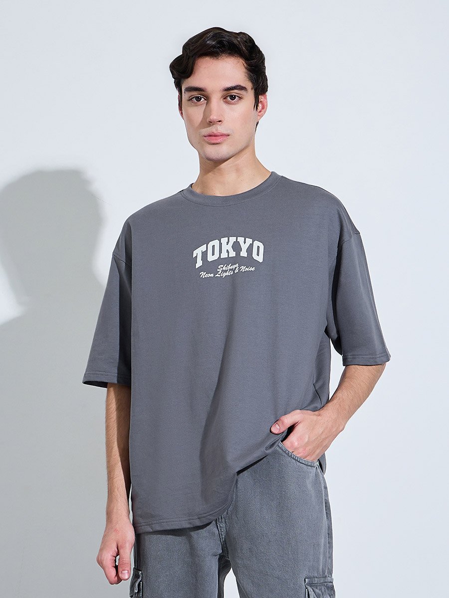 Grey Graphic Print Crew Neck Oversized T-Shirt