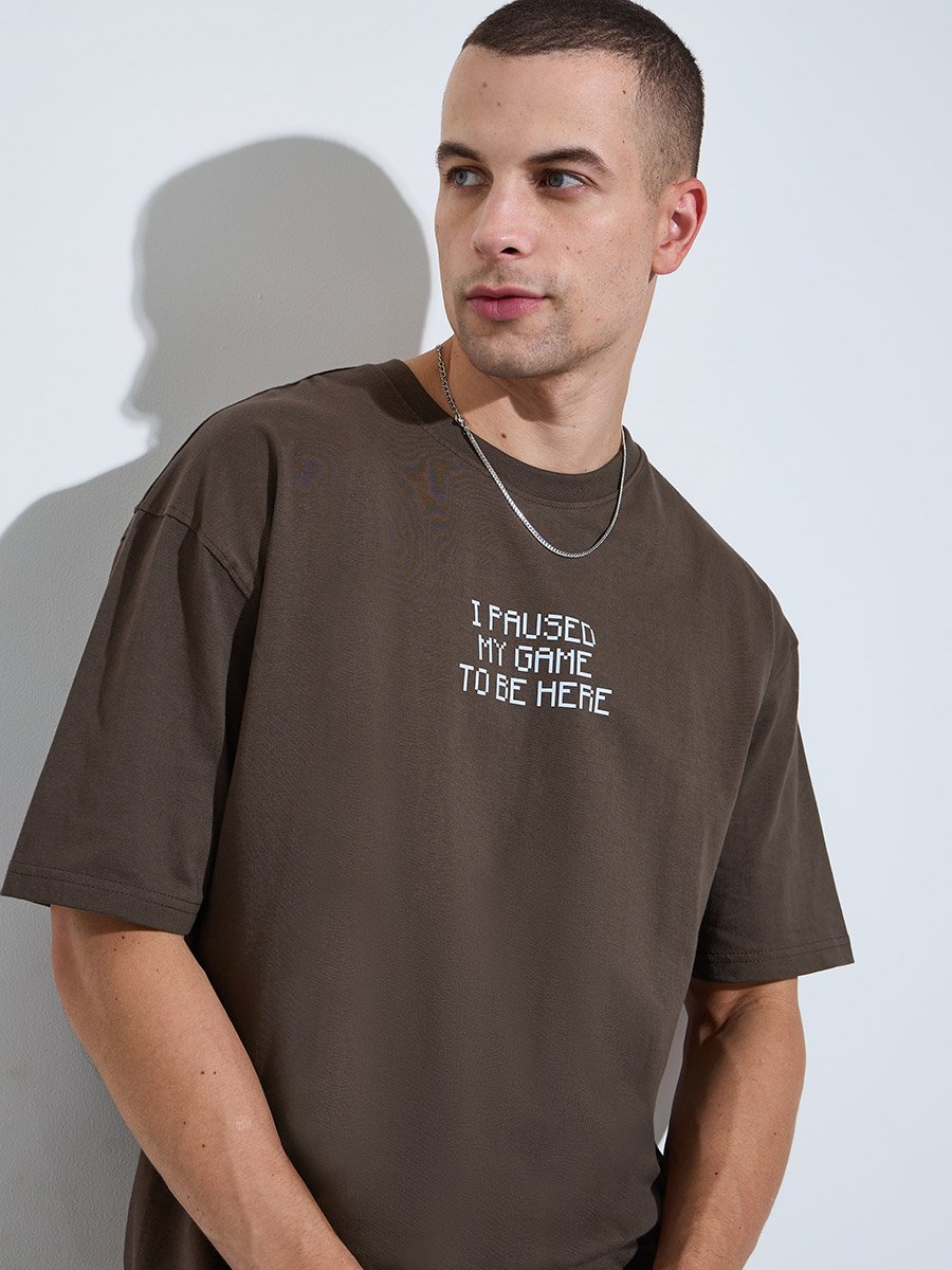 Men Brown Graphic Print Oversized T-Shirt