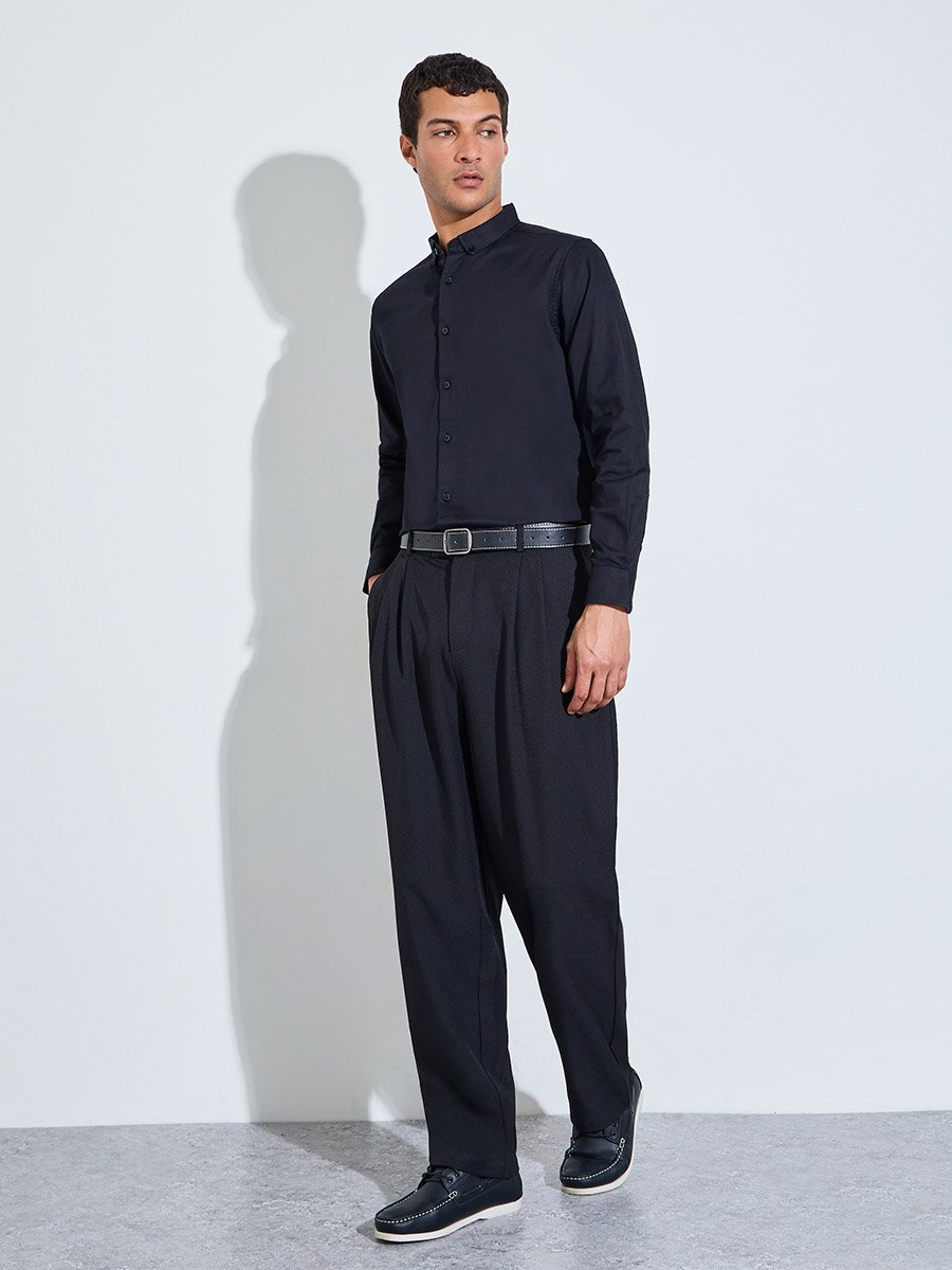 Black Solid Textured Regular Fit Shirt